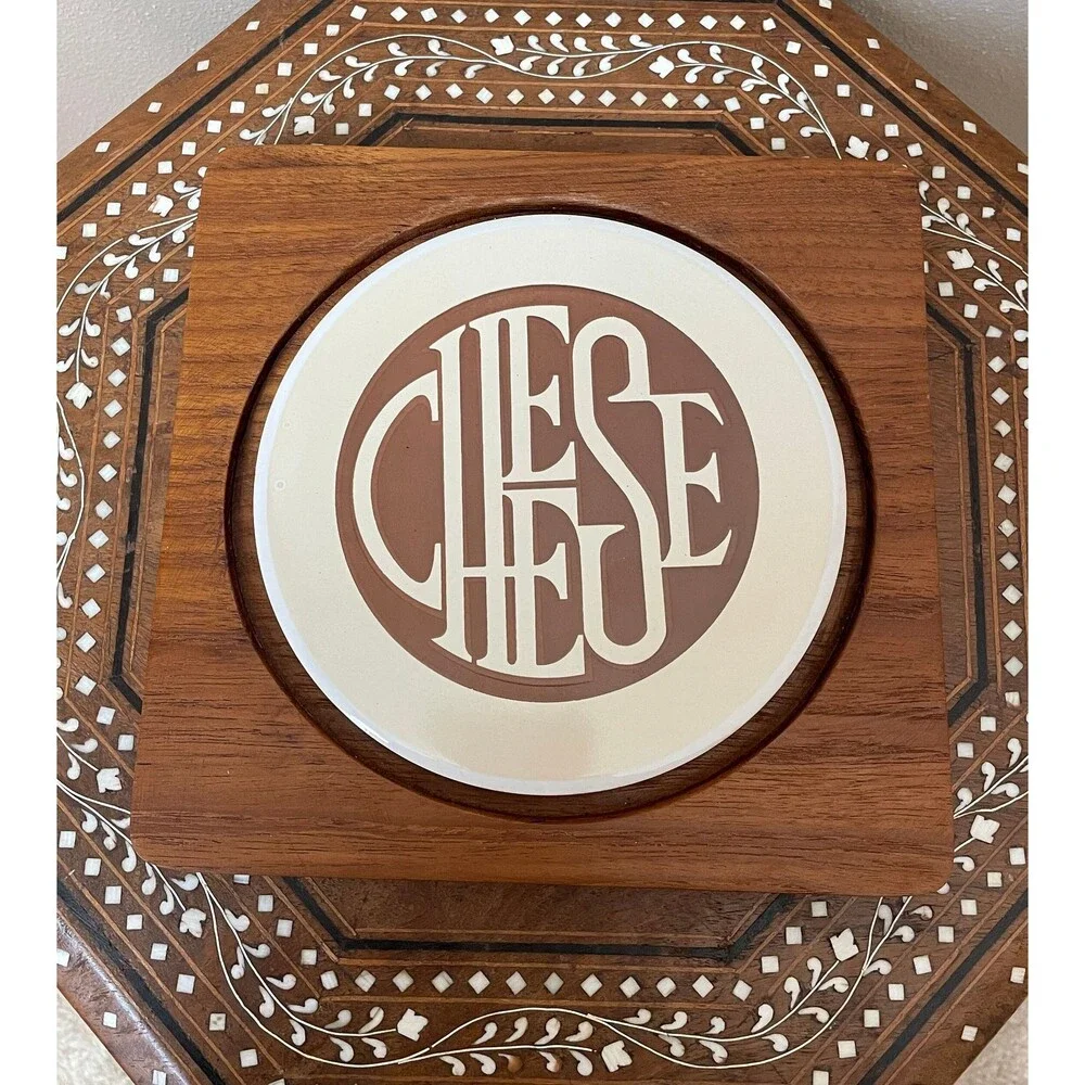 Vintage Teak Wood Ceramic Cheese Board Tray With Cloche Heavy Glass Dome Lid Tha